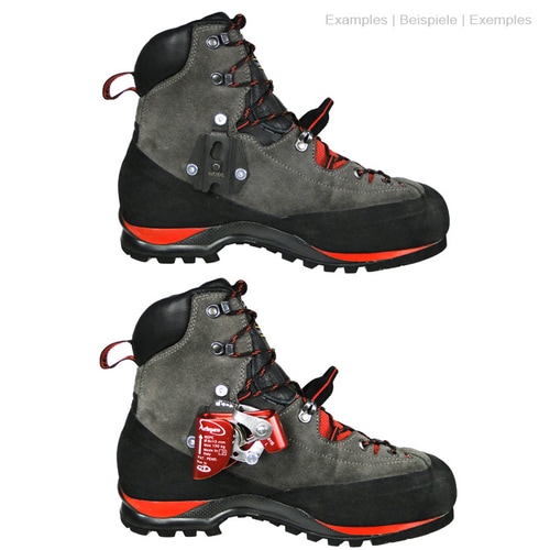Plaque Quickstep fixée à une chaussure de randonnée grise avec des détails noirs et rouges, y compris un cadre d’escalade rouge sur une autre chaussure du même type.