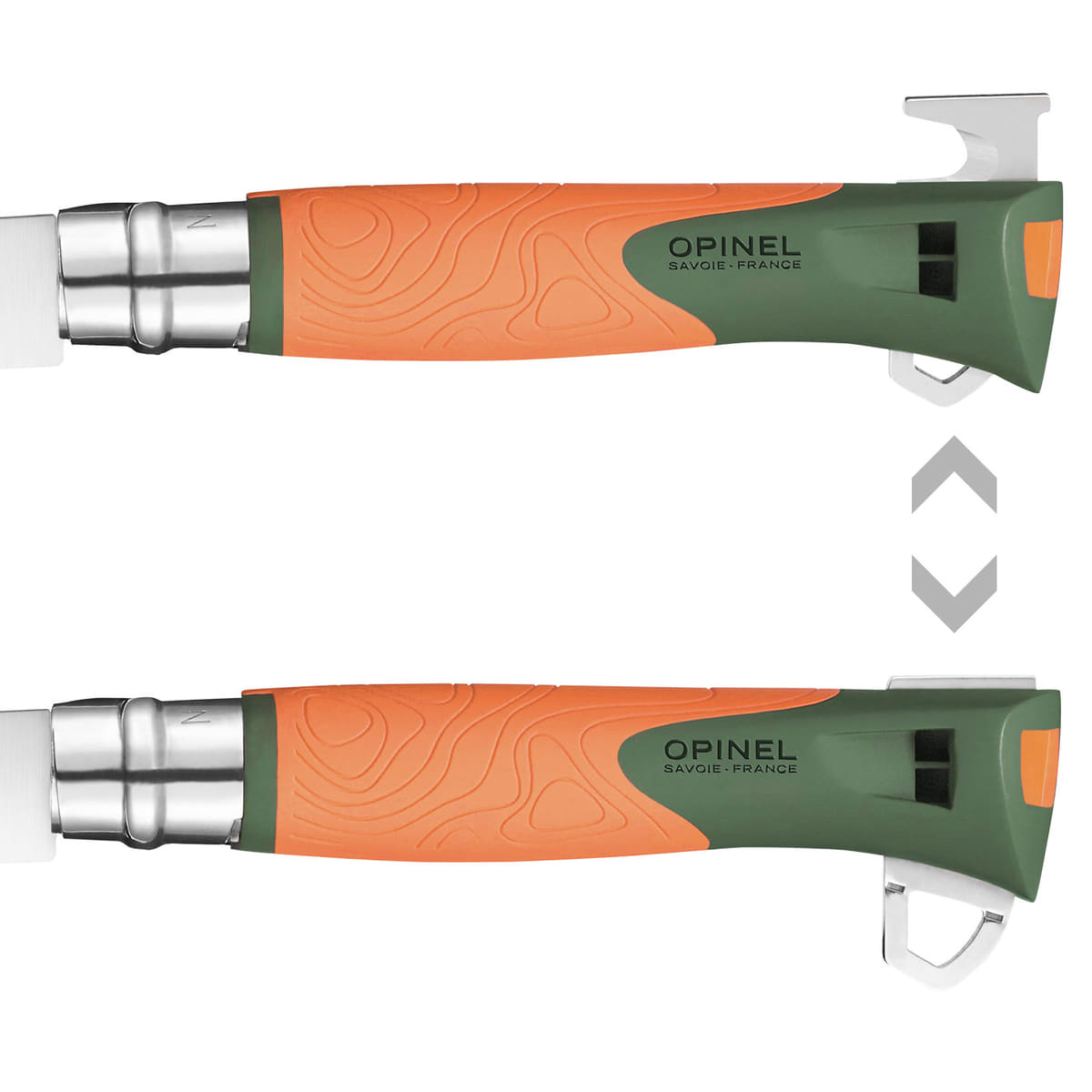 Deux couteaux Opinel N°12 Explore côte à côte avec lames partiellement déployées, manches orange et vert avec motif, fabricant Opinel