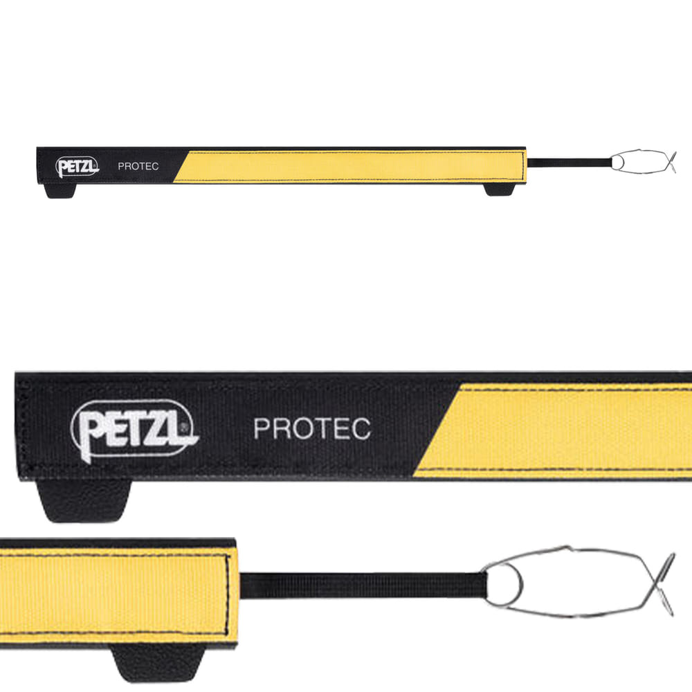 Protection Petzl Protec jaune-noir sur corde avec boucle de fixation à gauche, nom du produit et fabricant visibles