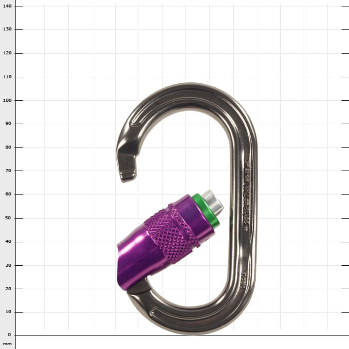 Mousqueton Ultra O Durolock avec fermoir ouvert, de couleur argentée avec capuchon à vis violet, fabricant non visible