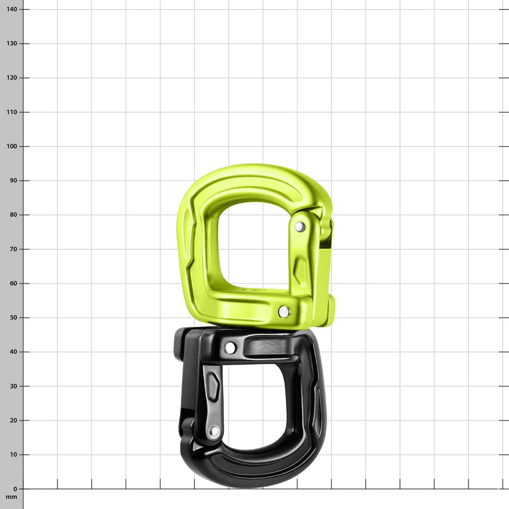 Deux mousquetons, vert en haut, noir en bas, ouvert, nom du produit Cupid Swivel visible
