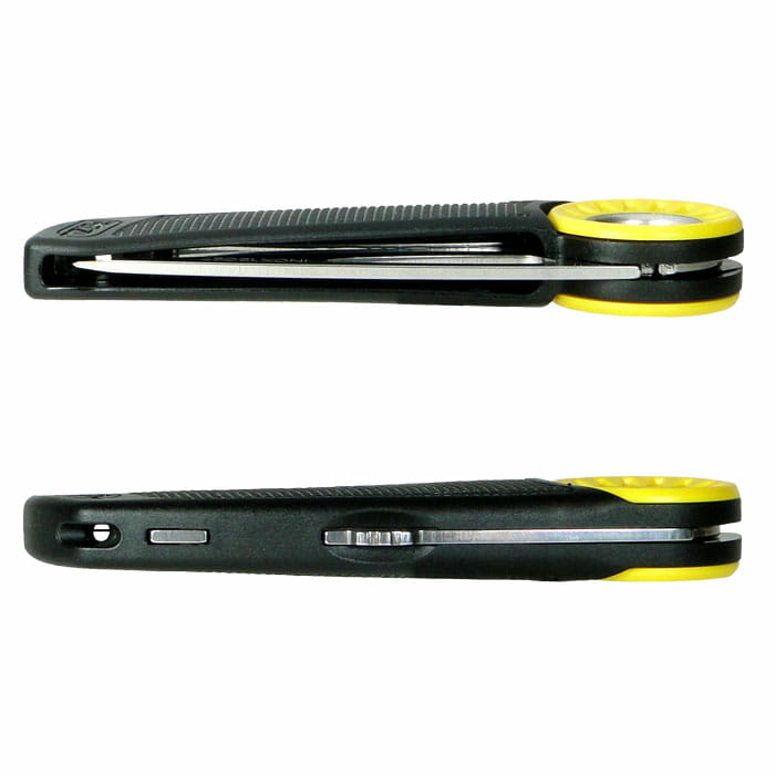Couteau pliant Petzl Spatha avec manche noir et anneau jaune, couteau fermé de deux côtés