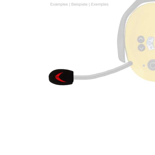 Protecteur de microphone PROTOS®, mousse noire avec logo rouge sur une perche de microphone grise d’un appareil jaune