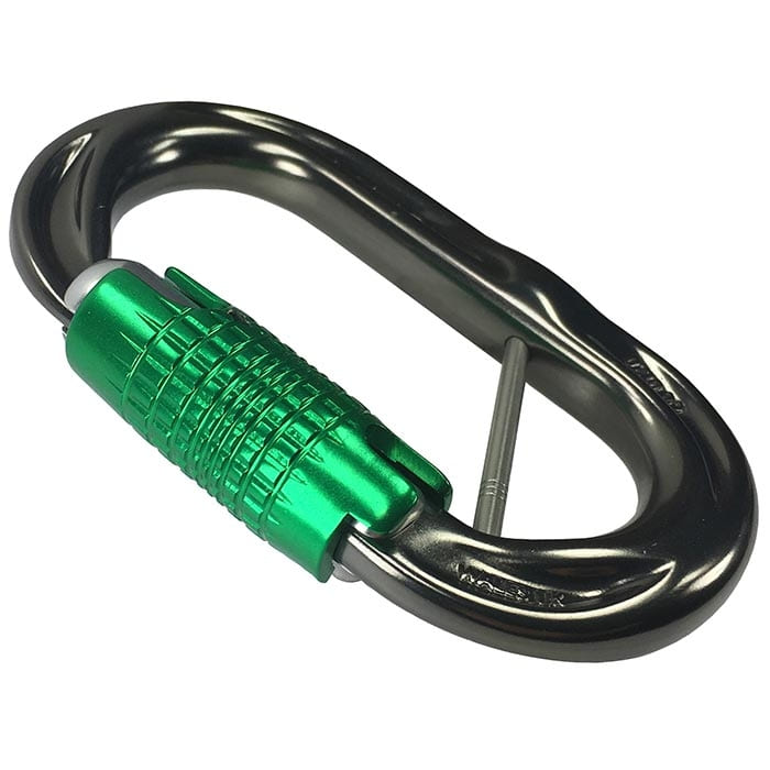 PerfectO Captive Bar Mousqueton inclinable avec corps noir et fermoir vert, photographié d’en haut
