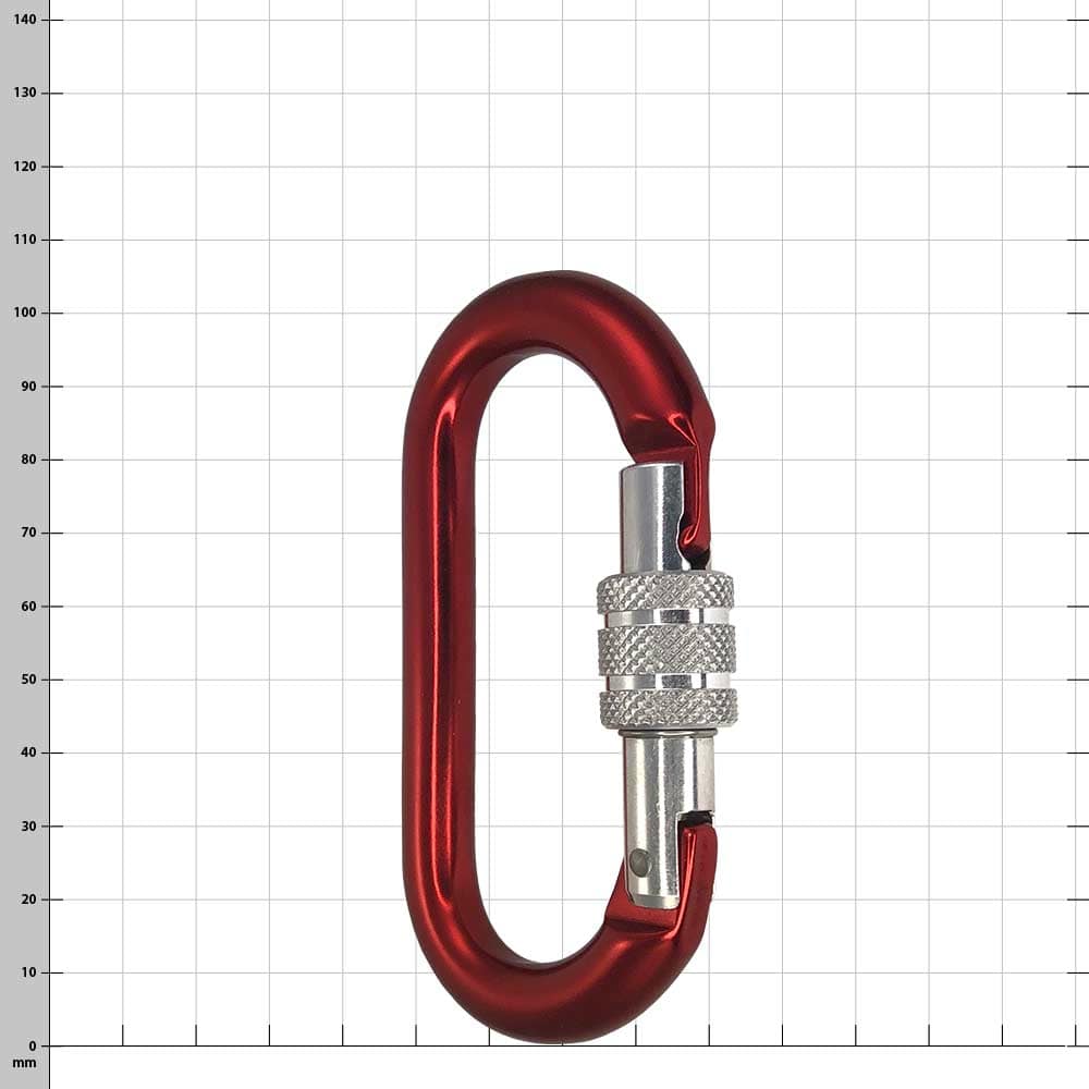 Mousqueton ovale Screwlock en rouge avec verrou à vis ouvert, nom du produit Oval Screwlock
