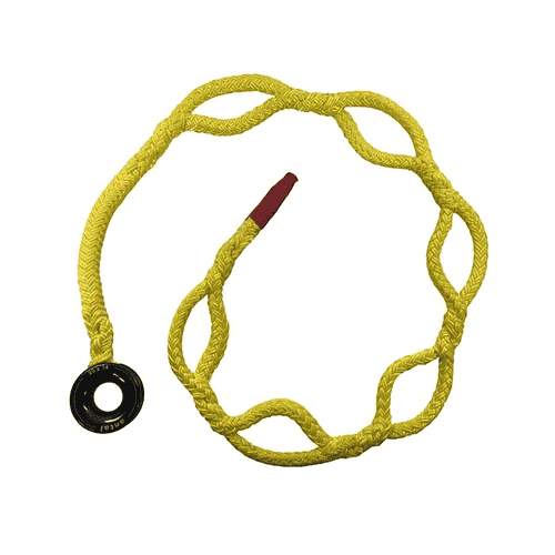 Kokoan Knot Loop 9 boucle jaune avec plusieurs boucles et anneau en plastique noir, photographiée d’en haut