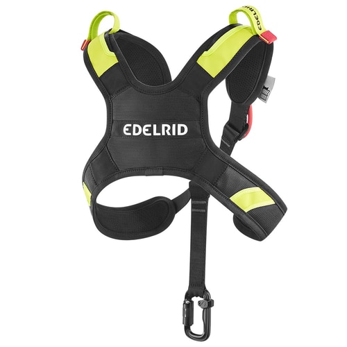 Vector Chest X, bandoulière noire et jaune avec mousqueton et le nom du fabricant Edelrid visible à l’arrière