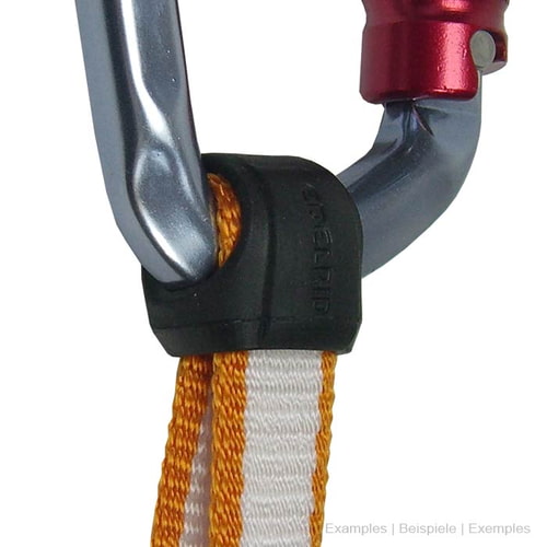 Pièce en plastique noir avec le gaufrage « EDELRID » fixée à un mousqueton avec une sangle orange-blanc, nom du produit Antitwist 16
