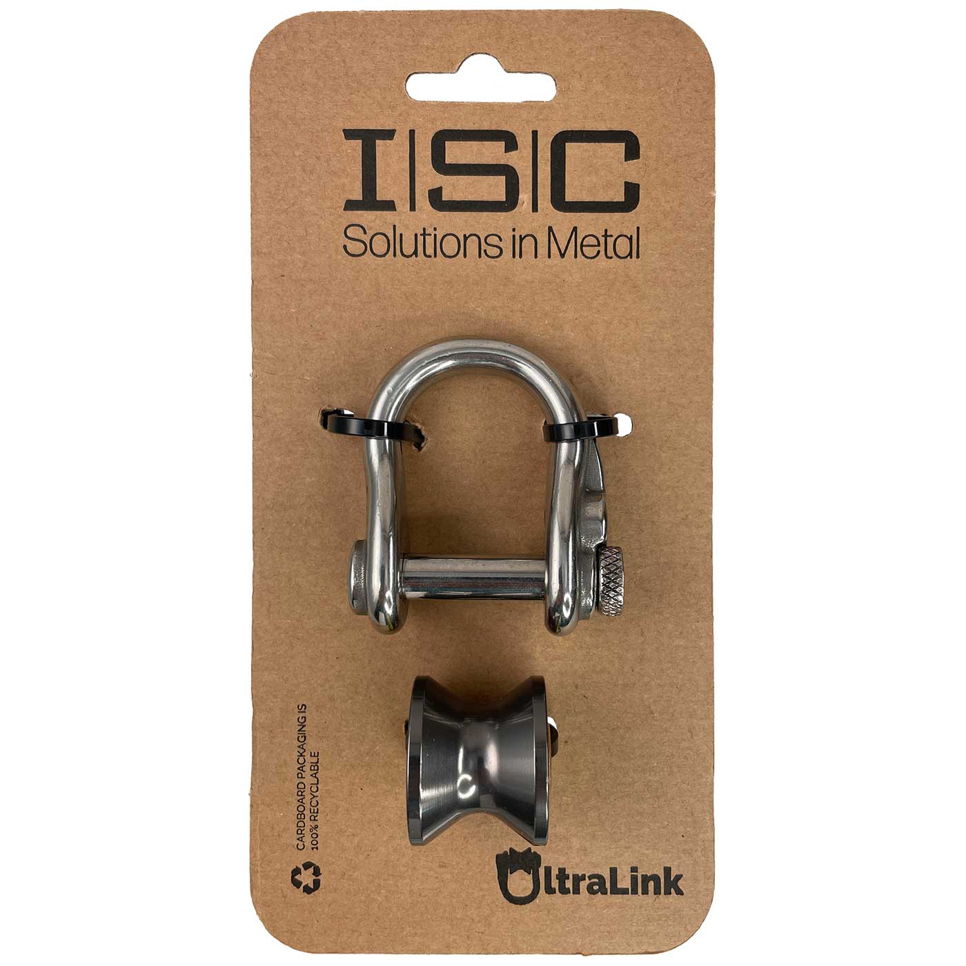 Ultra Link Small d’ISC, une manille argentée et un rouleau gris sur un emballage en carton brun avec le logo ISC et l’inscription Ultra Link