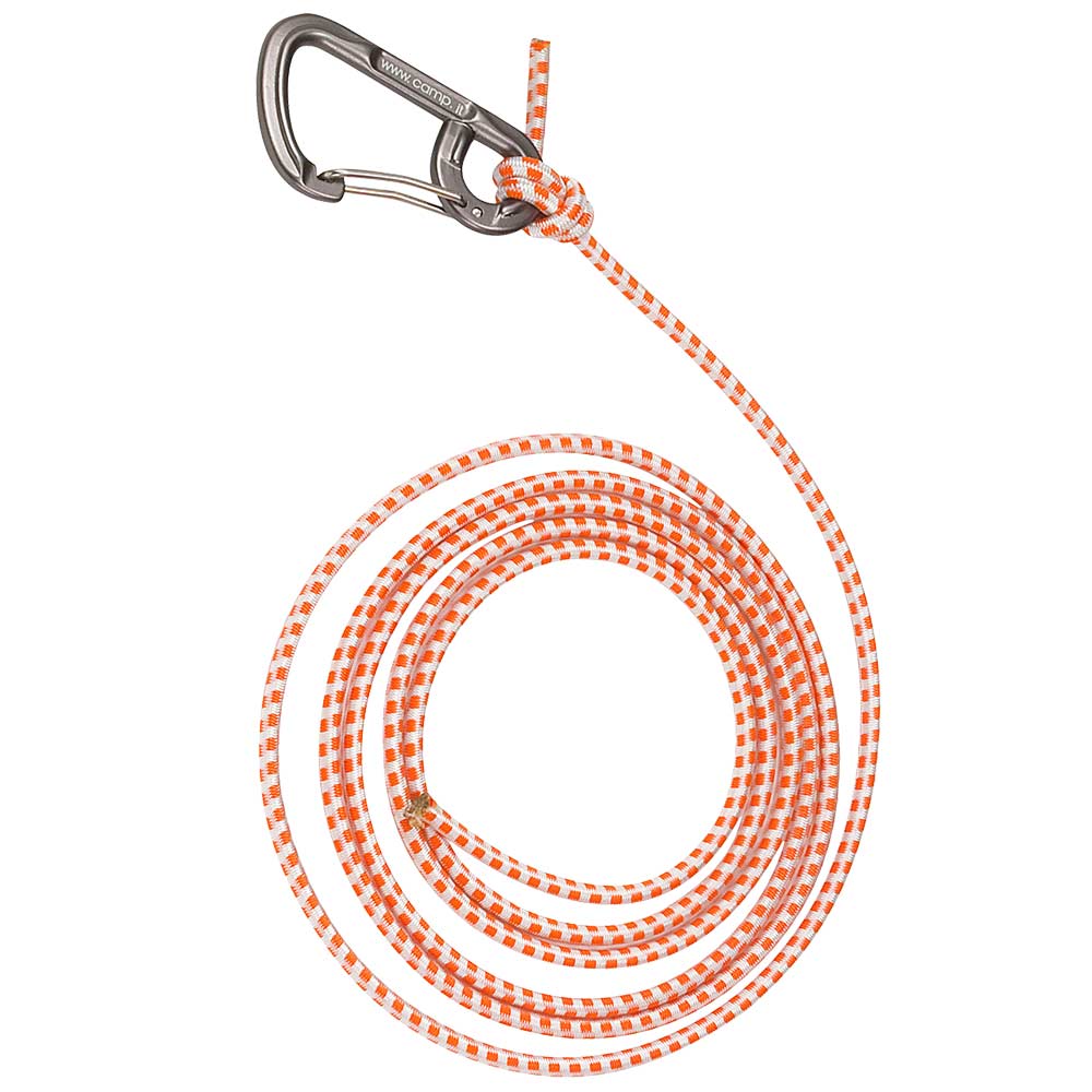Élastique Turboknee avec corde élastique rayée orange et blanche et mousqueton argenté de Camp