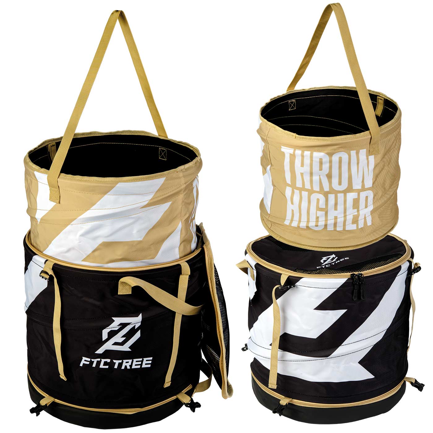 Deux sacs Matriosac 3, l’un beige avec l’inscription blanche THROW HIGHER et l’autre noir avec le logo FTC TREE blanc et de grandes flèches blanches, debout l’un à côté de l’autre