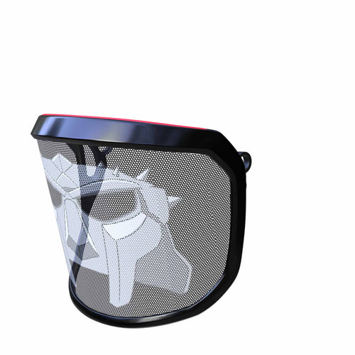 PROTOS® Visor Special Edition, visière de protection noire avec blanc, motif de visage stylisé et bordure rouge en haut, vue latérale de la gauche