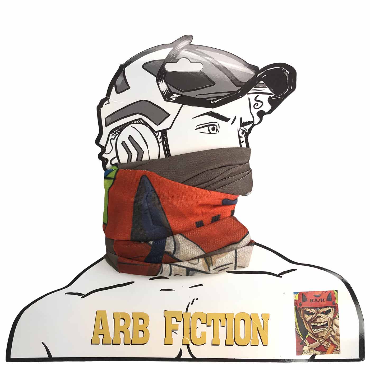 Bandana Eddie avec motif casque rouge, attaché à une figurine en carton avec lettrage ARB FICTION