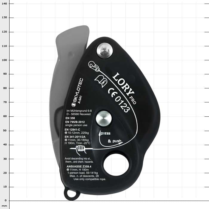 Poulie Lory Pro de Skylotec en noir avec lettrage blanc et spécifications techniques à l’avant