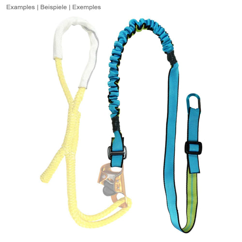 Outil élastique bleu avec section élastique et ondulée et sangle plate avec bordure noire et bande intérieure verte à côté d’une corde jaune avec couvercle de protection blanc