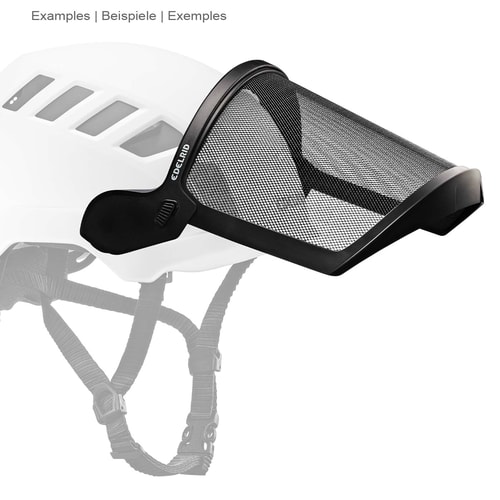 Edelrid Visor Mesh avec cadre noir et tissu en maille fixé au casque blanc en vue latérale