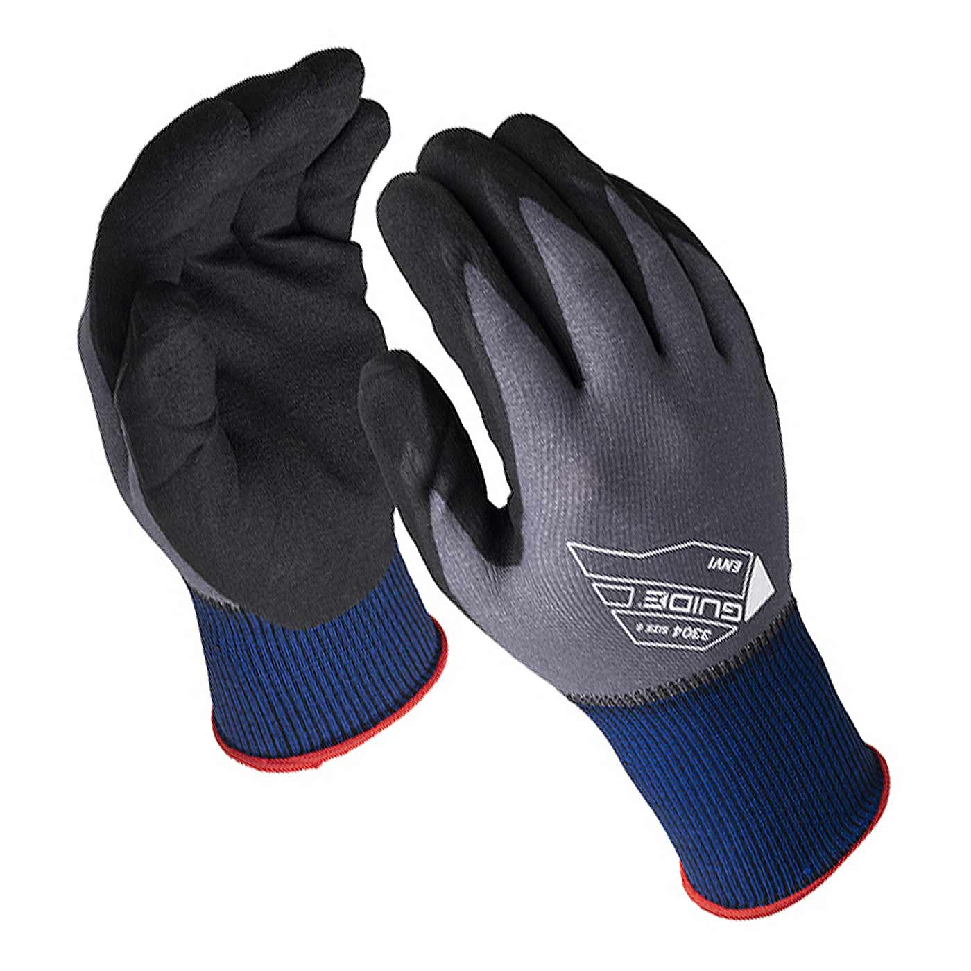 Gants de travail modèle 3304 Guide, gris avec paume noire et manchette bleue avec bordure rouge