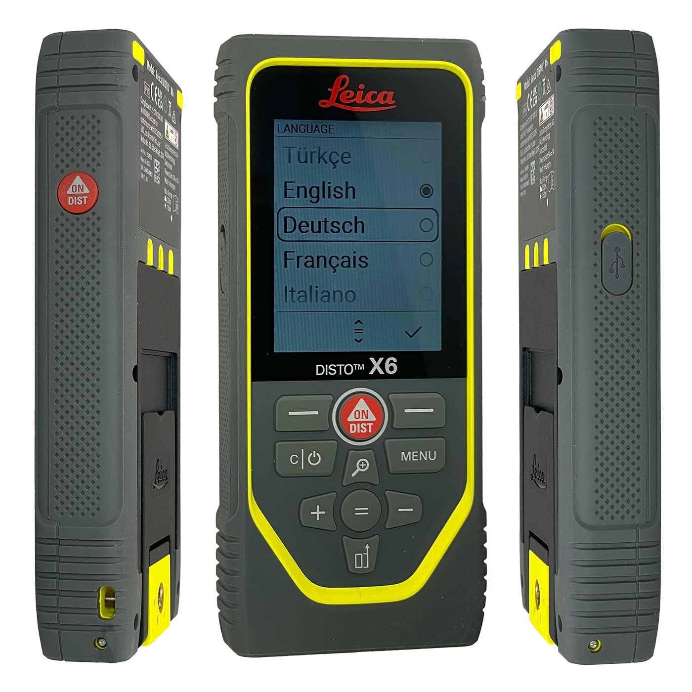 Télémètre laser Leica Disto X6 de l’avant, de la gauche et de la droite, l’écran affiche la sélection de la langue, boîtier gris avec bordure jaune et boutons rouges et gris, fabricant Leica Geosystems