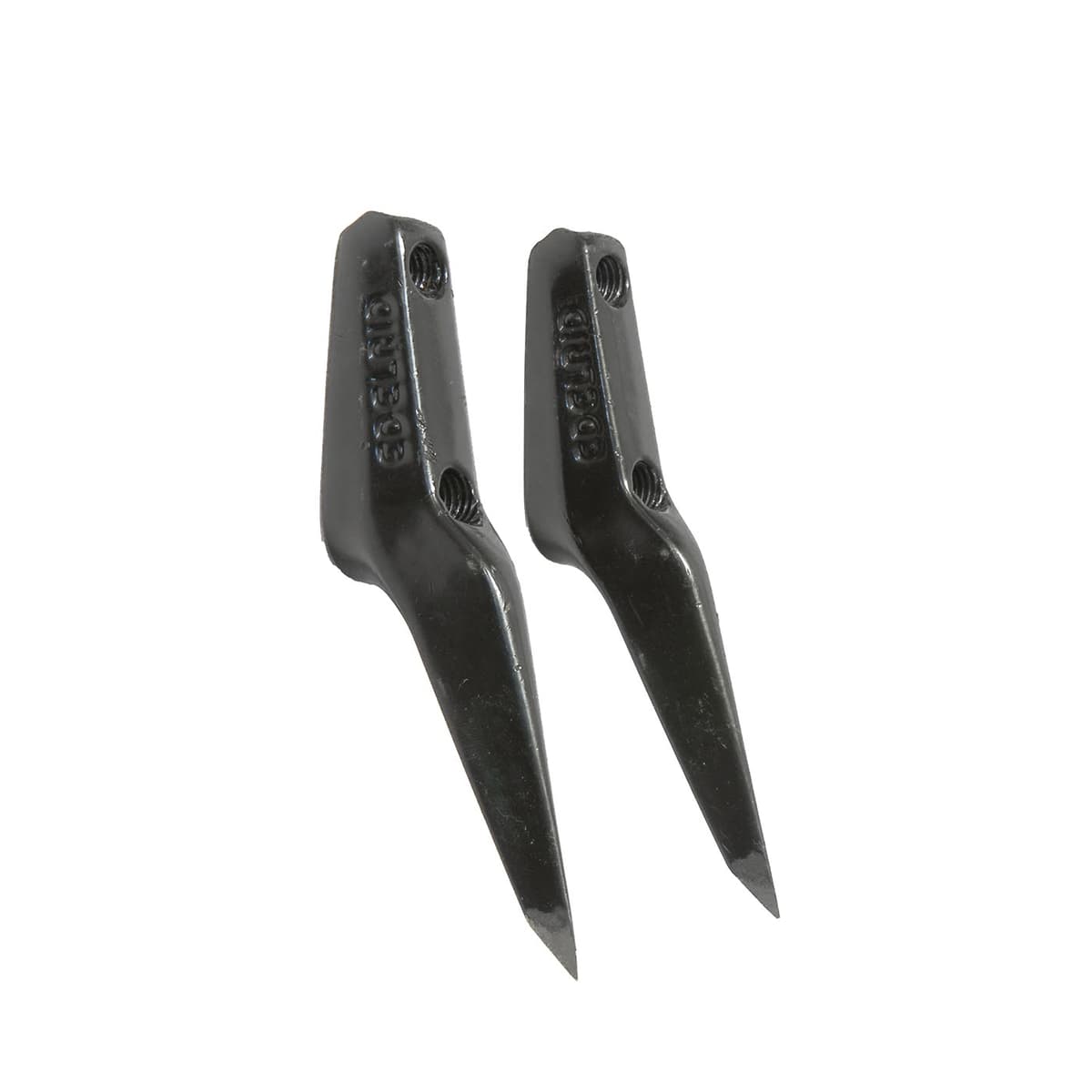 Deux pointes Talon noires L en métal avec une extrémité effilée et deux trous de vis.