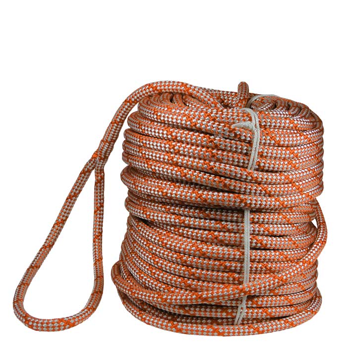 Corde de taureau Sirius 14 S, corde tressée blanc orangé, enroulée avec boucle à l’extrémité, vue latérale