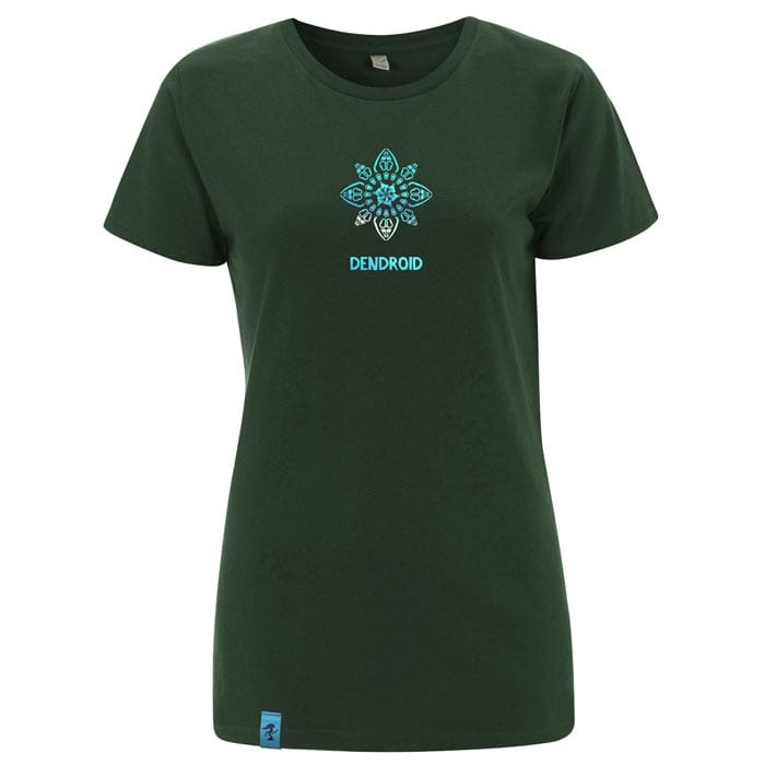 T-shirt Symmetree vert foncé avec motif symétrique bleu et inscription « DENDROID » sur le devant, autoportant