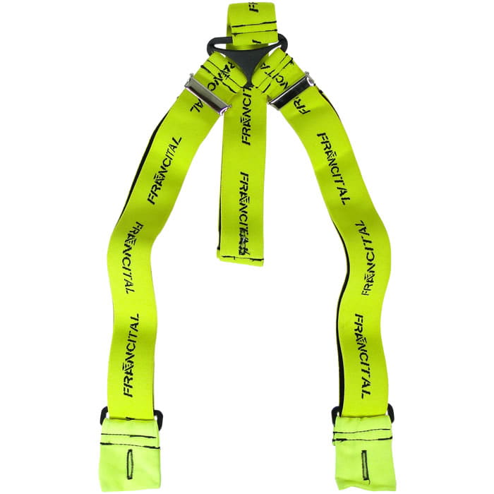 Bretelles à boutons en jaune fluo avec inscription noire « FRANCIITAL », clips métalliques réglables et surpiqûres noires