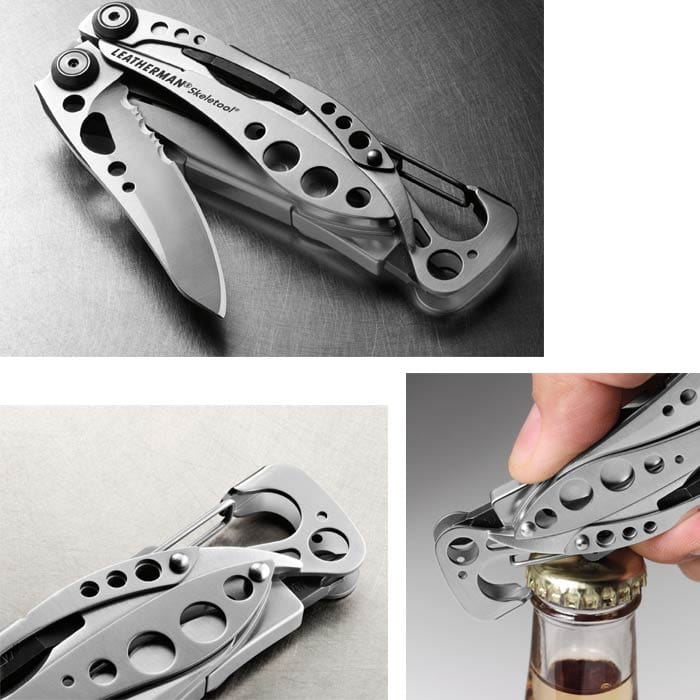 Outil multifonction en métal Leatherman Skeletool en quatre vues : plié avec couteau apparent, détail du mousqueton et ouvre-bouteille ouvert lors de l’ouverture d’une bouteille