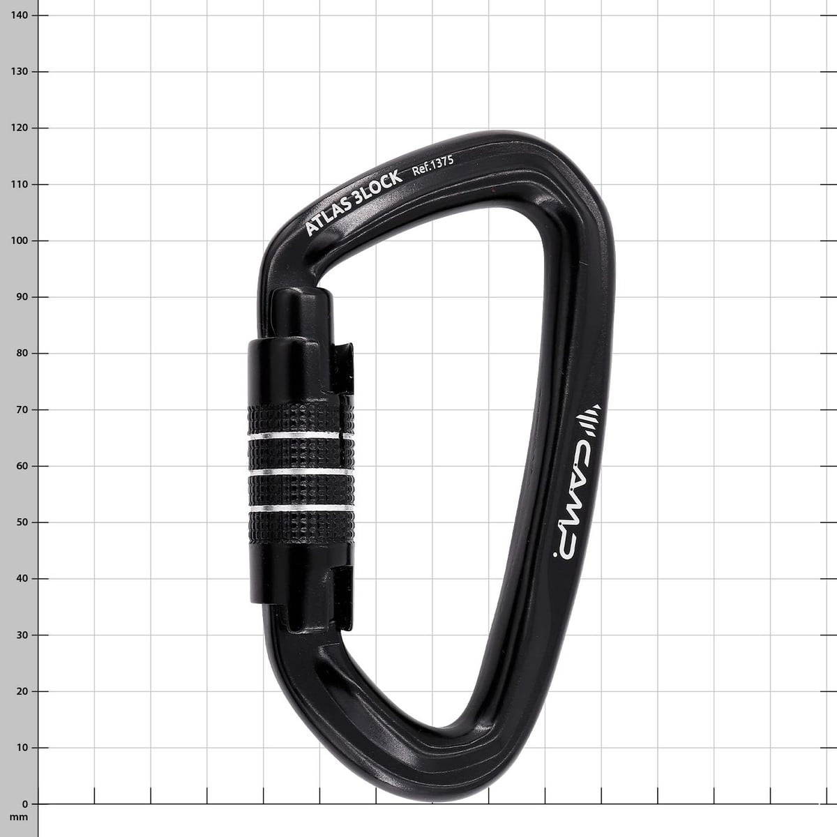 Mousqueton noir avec serrure à vis, nom du produit Atlas 3Lock, fabricant CAMP, type Ref. 1375