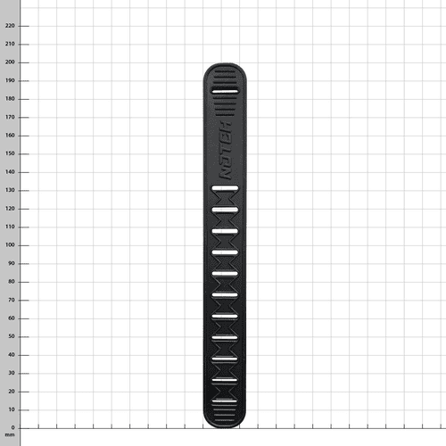Un bracelet en caoutchouc Talon noir avec des découpes et l’inscription « NOTCH » posée sur une grille blanche avec des indications millimétriques