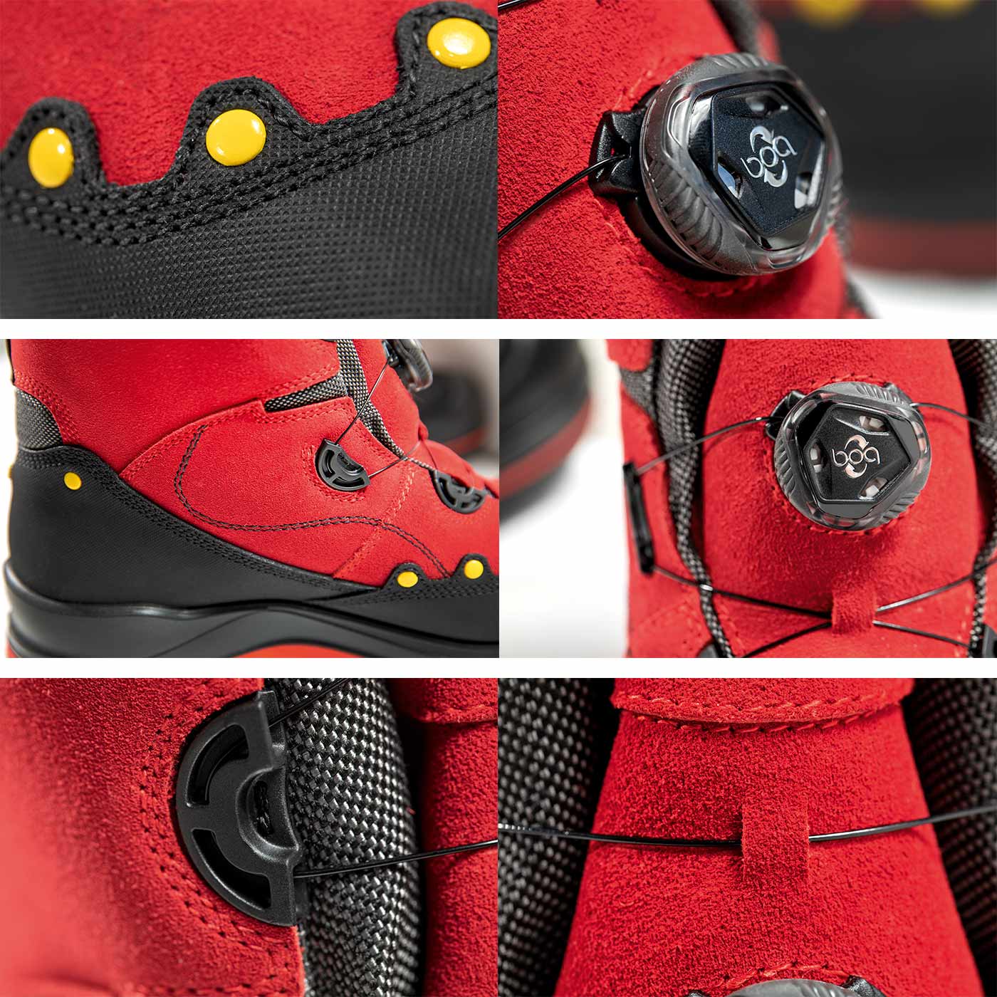 BOA® Vues détaillées des zones rouges et noires, rivets jaunes, verrous tournants noirs avec logo BOA et fils de laçage noirs