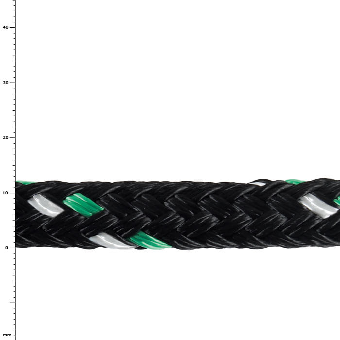 GEFA 2T PES vert, gros plan d’une corde tressée noire avec des fils verts et blancs