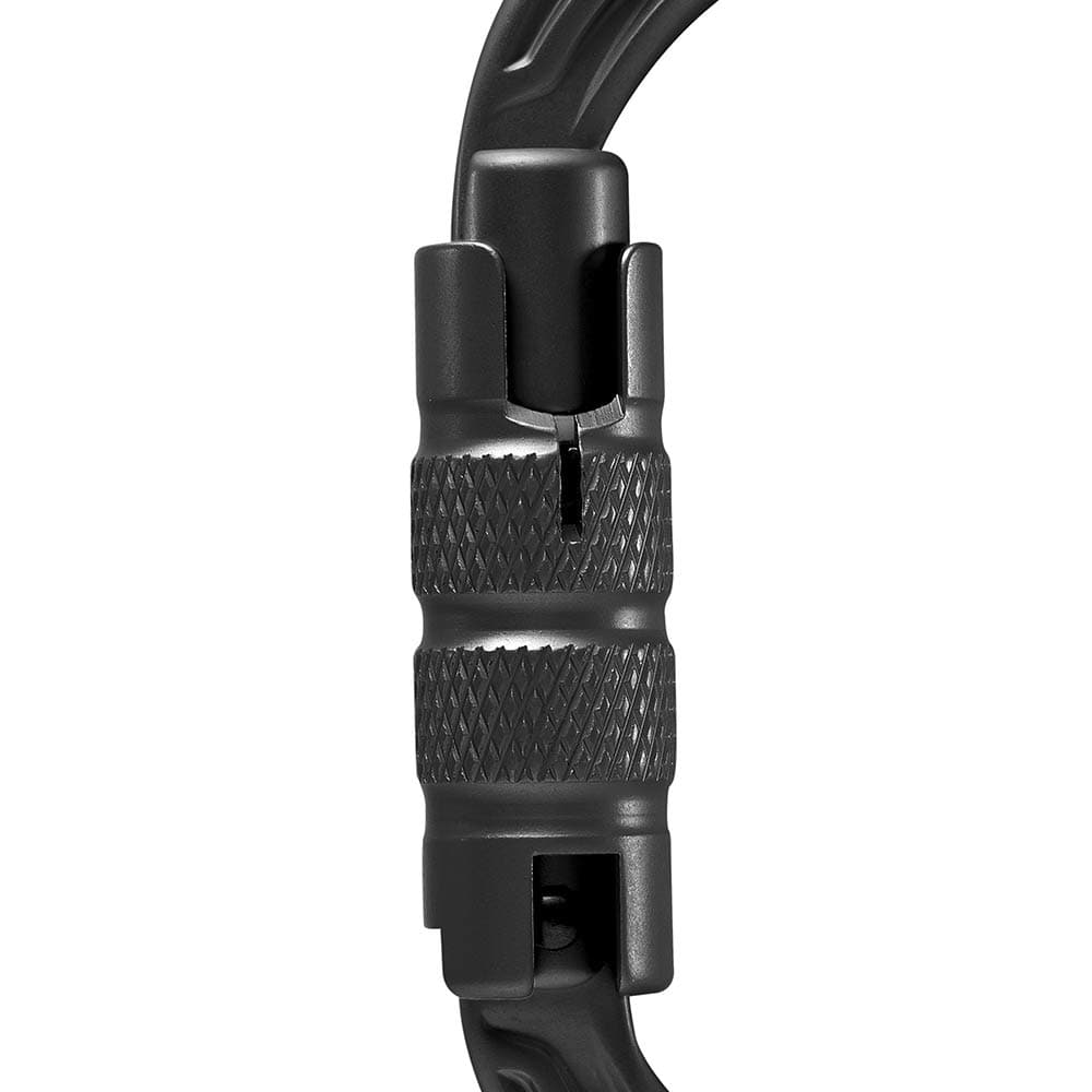 Gros plan sur le bouchon à vis noir du mousqueton triple Oval Power 2500 avec surface nervurée pour une meilleure prise en main