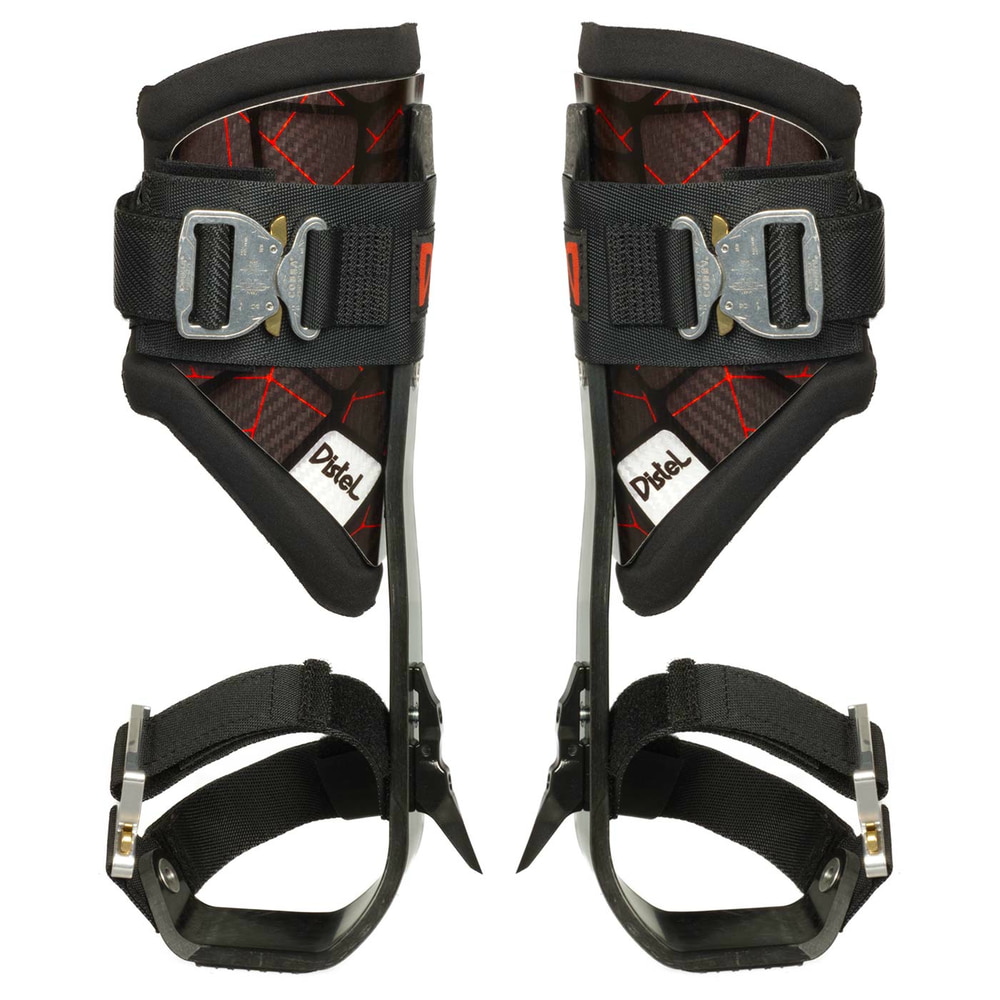 Distel Carbon 3.1 Click, paire de cretons en carbone noir avec lignes rouges, rembourrage noir et fermoirs en métal