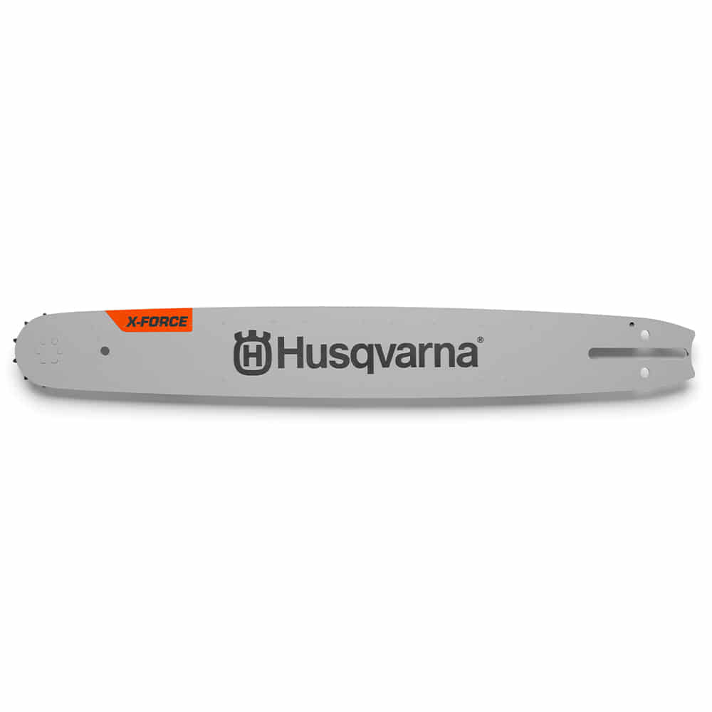 X-Force Frame 18 / 3/8 SM de Husqvarna, cadre gris avec logo Husqvarna noir et lettrage X-Force orange, vue latérale sans chaîne