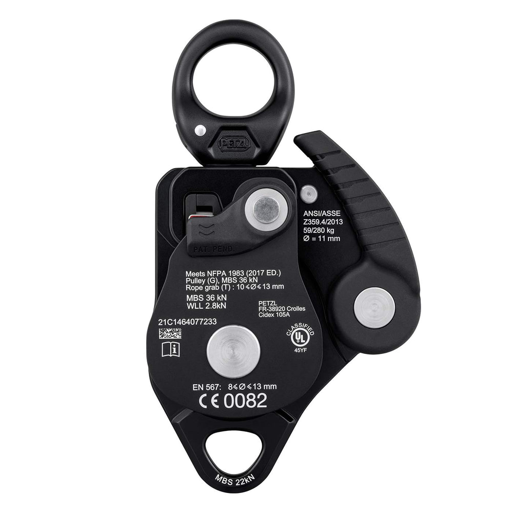 Poulie Petzl Twin Release Back en noir avec spécifications techniques et normes