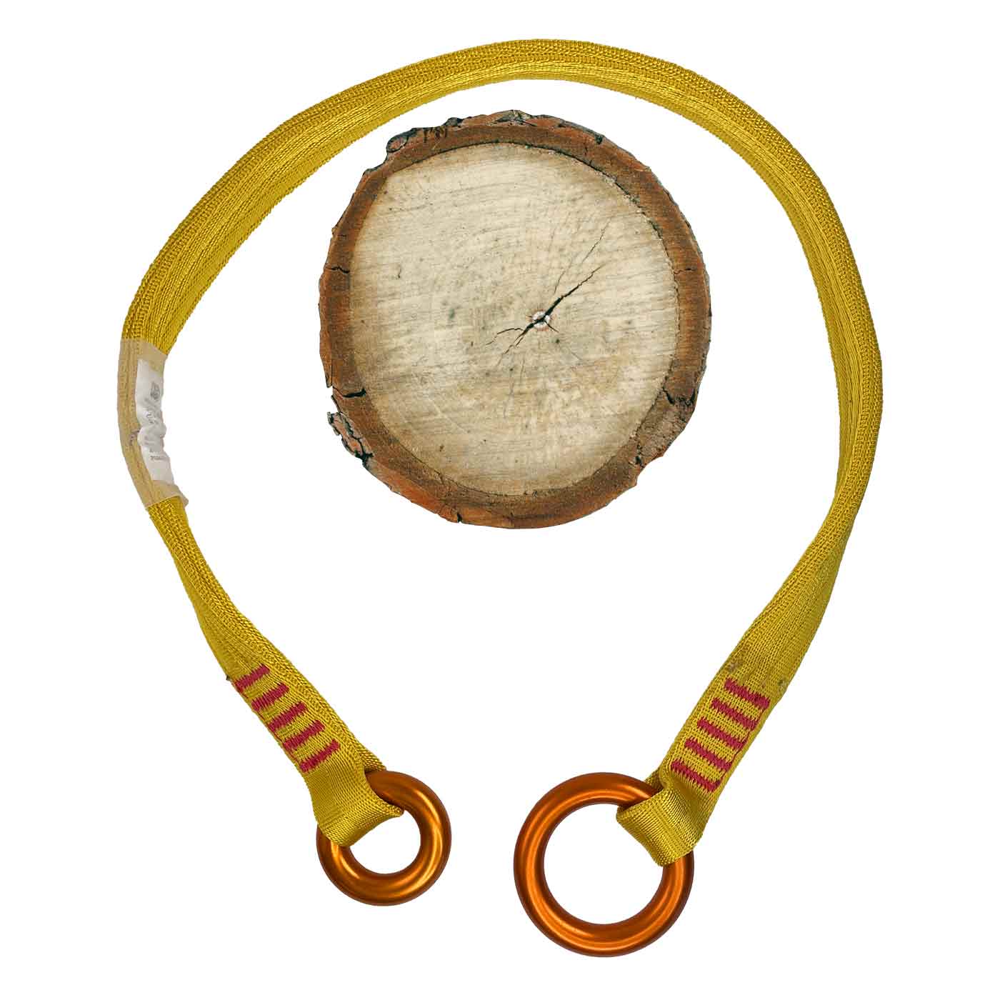 Fourche d’arbre 90, boucle jaune avec deux anneaux en métal orange et un morceau de disque en bois au milieu