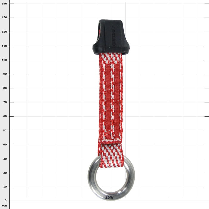 Sangle SpiderJack 2.1 Dyneema d’ART, sangle Dyneema rouge et blanche avec pièce en caoutchouc noir sur le dessus et anneau en métal argenté sur fond à carreaux