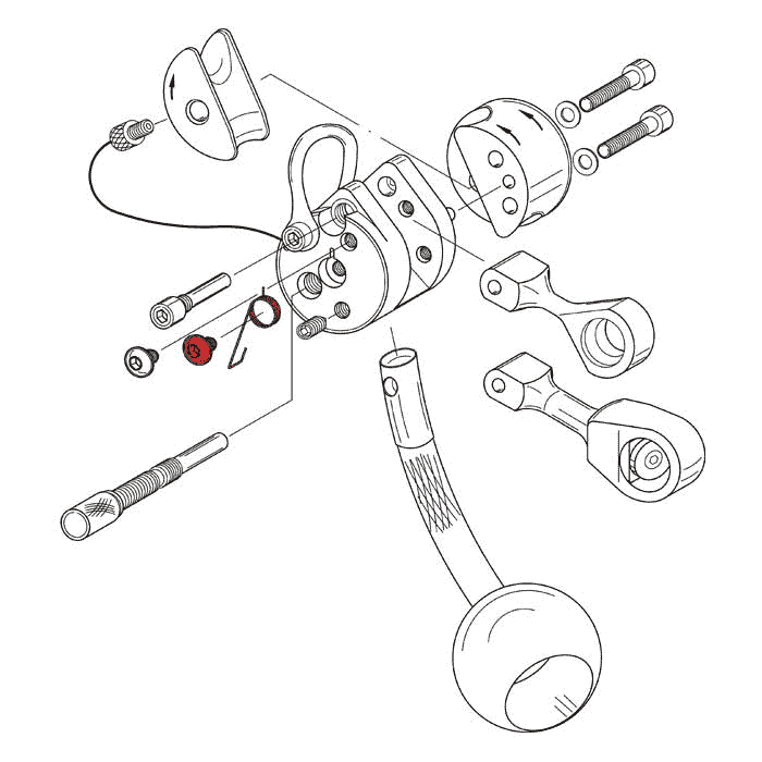 Dessin technique d’une vue éclatée d’un mécanisme avec plusieurs vis, leviers et une partie rouge montrant le ressort du LockJack.