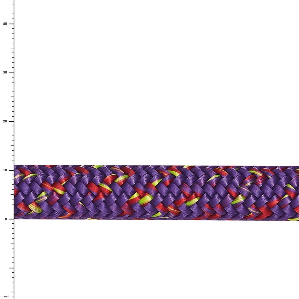 Corde violette rebelle avec tressage violet, rouge et vert, gros plan