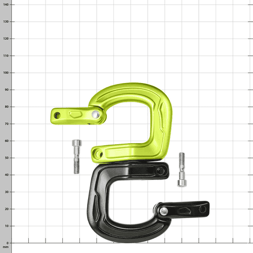 Deux mousquetons, vert en haut, noir en bas, démonté avec deux vis, nom du produit Cupid Swivel visible
