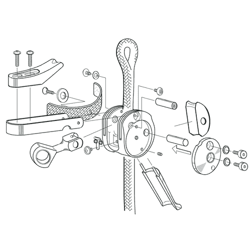 SpiderJack 2.1 Basic by ART, dessin technique en noir et blanc, vue éclatée des différentes pièces et assemblage sur une corde