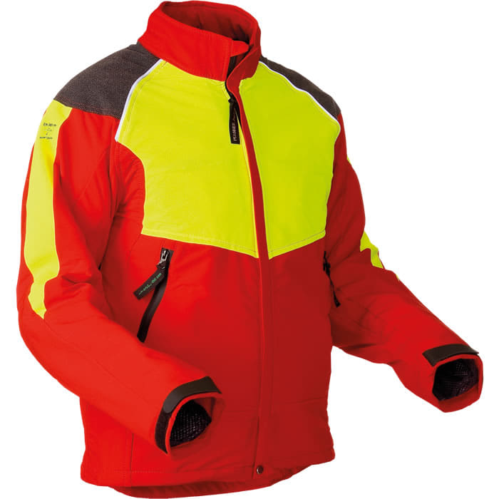 Veste anti-coupure rouge avec des accents jaunes et gris, avec fermeture éclair et poches