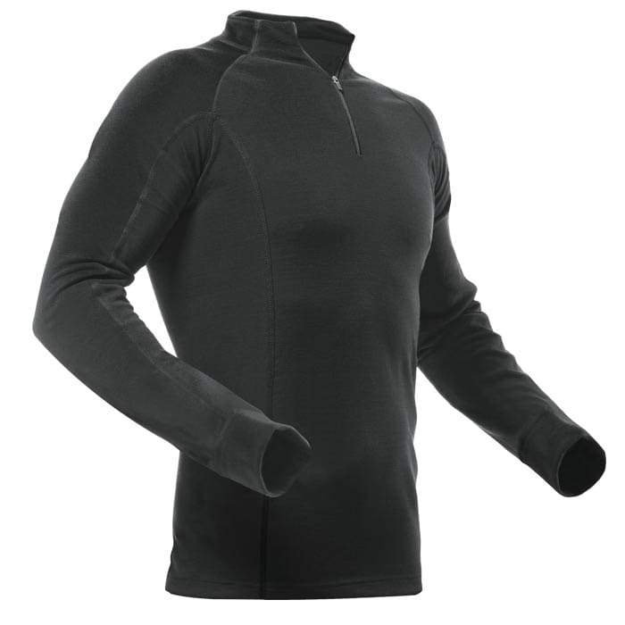 Chemise en modal mérinos à manches longues en noir avec demi-fermeture éclair et coutures ton sur ton