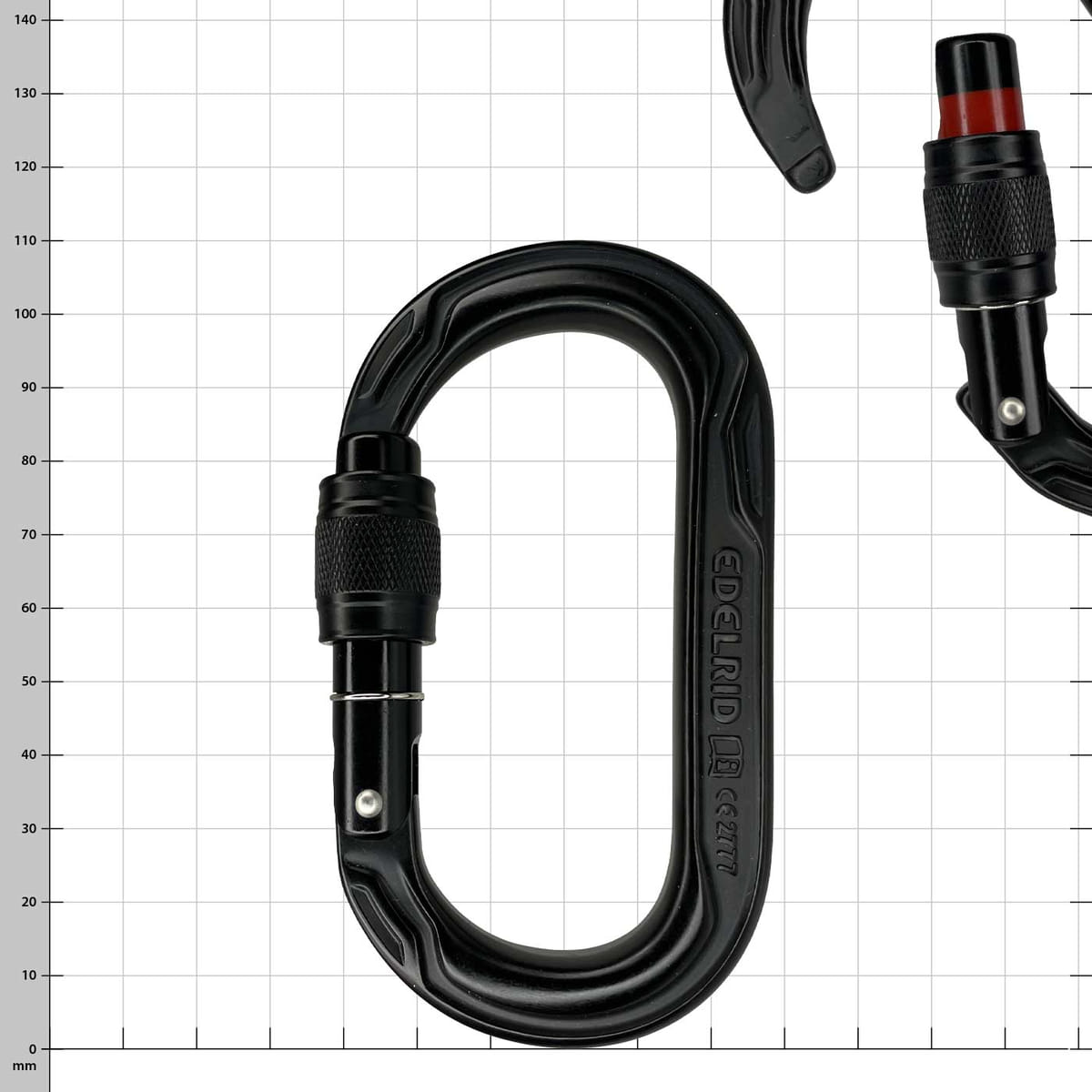 Vis Oval Power 2500 d’Edelrid, mousqueton ovale noir avec capuchon à vis et moletage fin sur le boulon