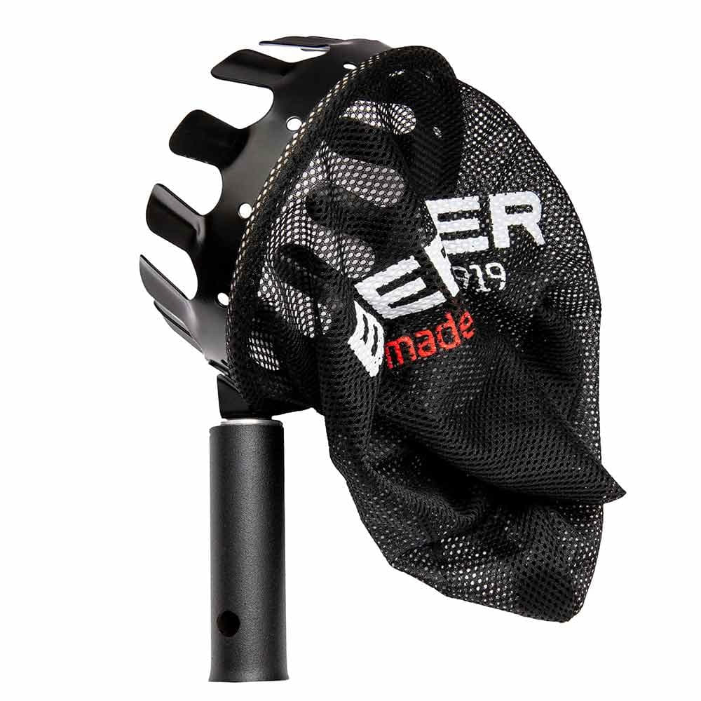 Cueilleur de fruits ArboRapid avec poignée noire, couronne en métal et sac en filet noir avec logo BERGER blanc et rouge
