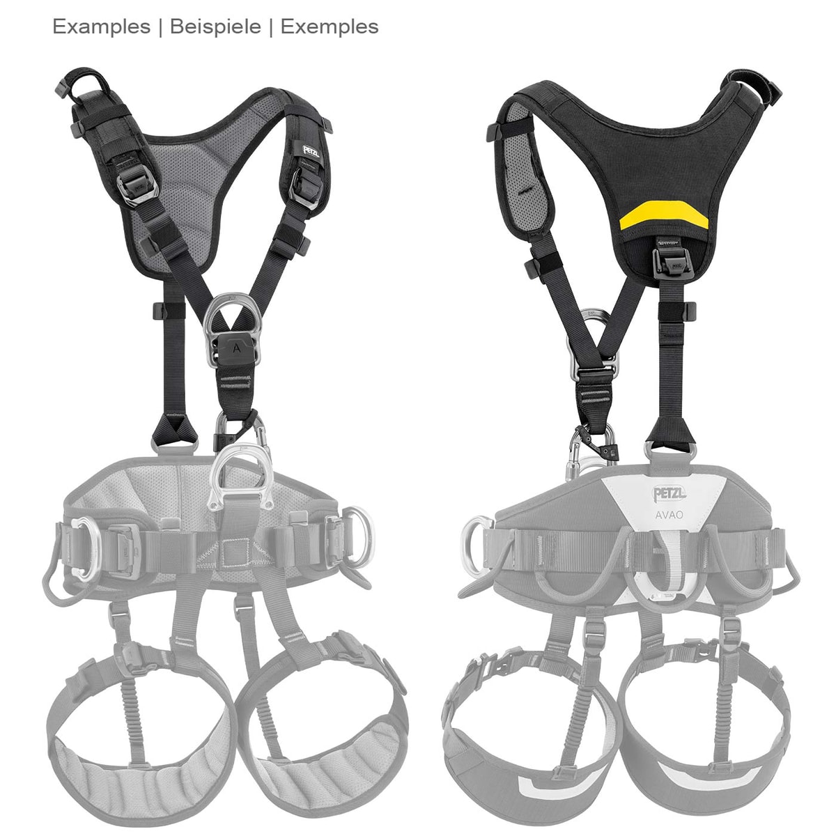 Top by Petzl, deux vues de la bandoulière noire avec dossier rembourré gris et jaune, en arrière-plan montré en gris un harnais d’escalade complet avec sangles de jambe et de hanche