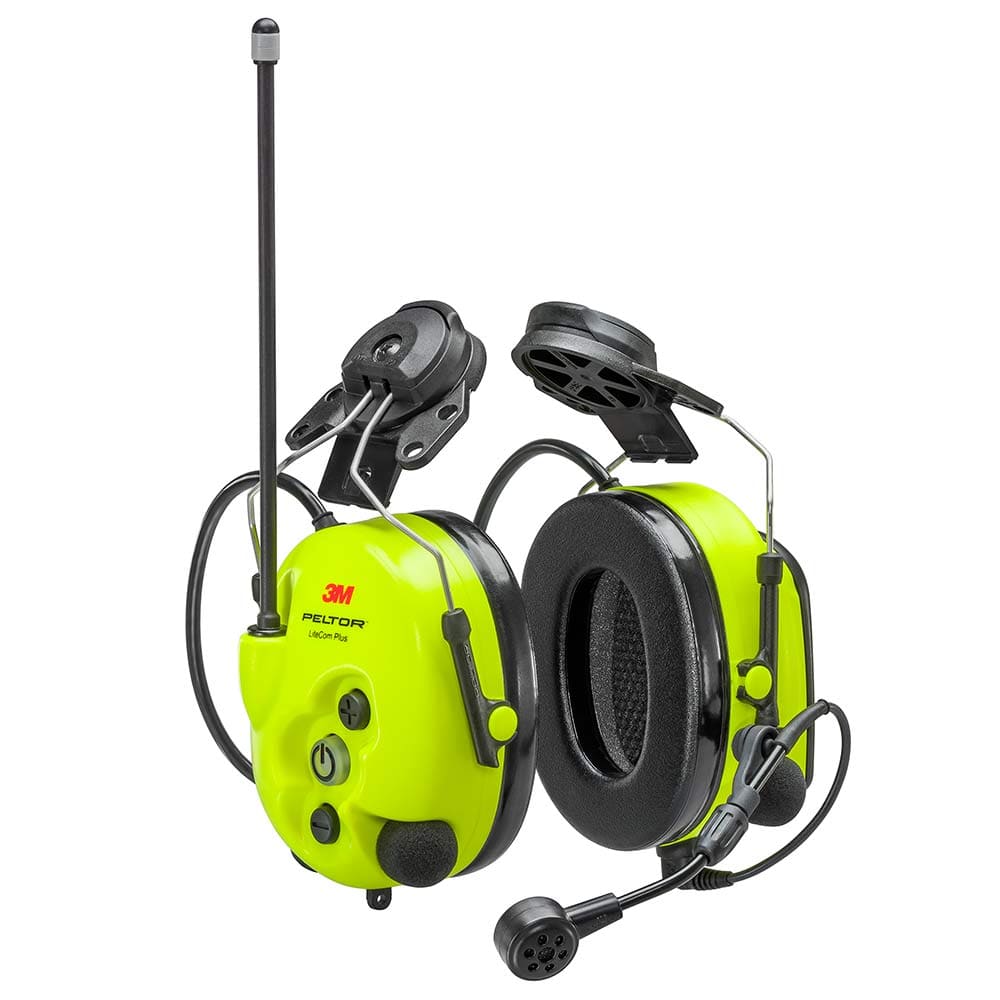 Protection auditive 3M Peltor Lite Com Plus jaune avec microphone et antenne, photographiée de face