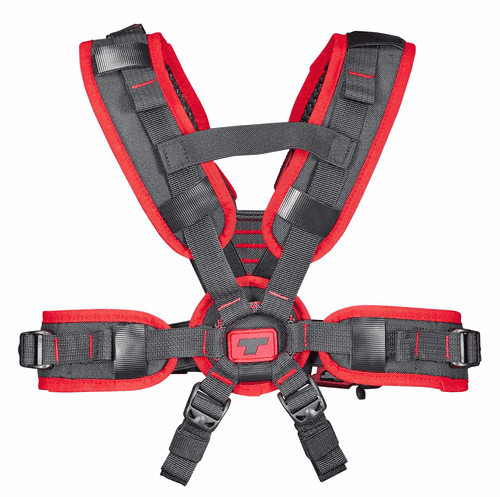 upMOTION SRT, dos du harnais noir et rouge avec boucles et logo rouge au milieu