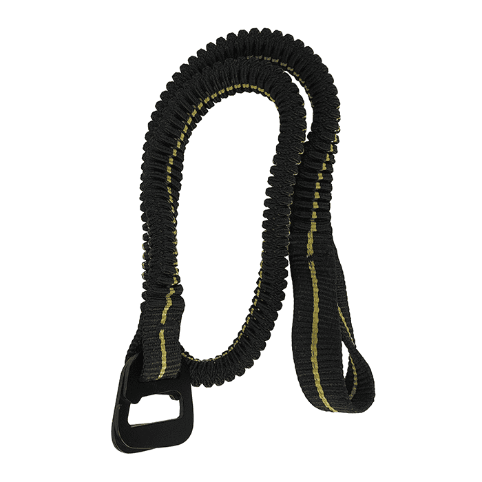 Genou Ascent Bungee, élastique noir avec rayures jaunes et fermeture en plastique noir
