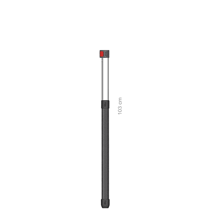 Fond de canne Hayauchi 297, tige longue avec poignée côtelée noire, partie centrale argentée et bouton supérieur rouge, longueur 103 cm